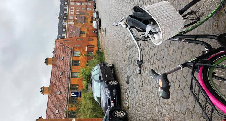Vélo garé avec panier sur une rue résidentielle pavée de galets, bordée de maisons mitoyennes ocre.