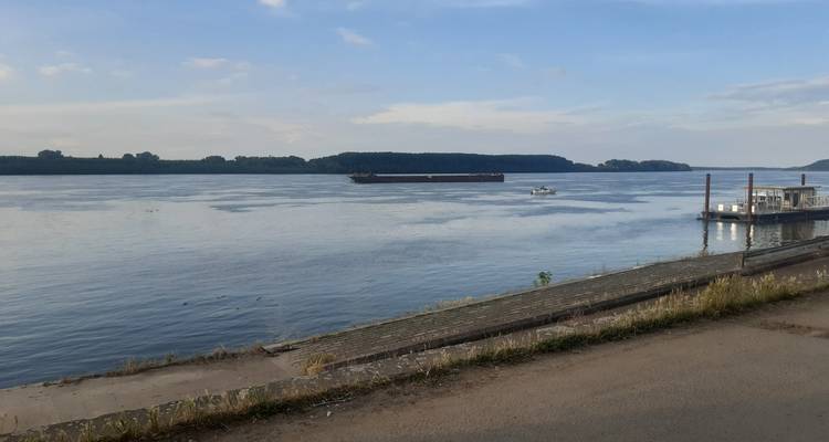 Amplia extensión del río Danubio con una barcaza y pequeños botes bajo un cielo tranquilo.