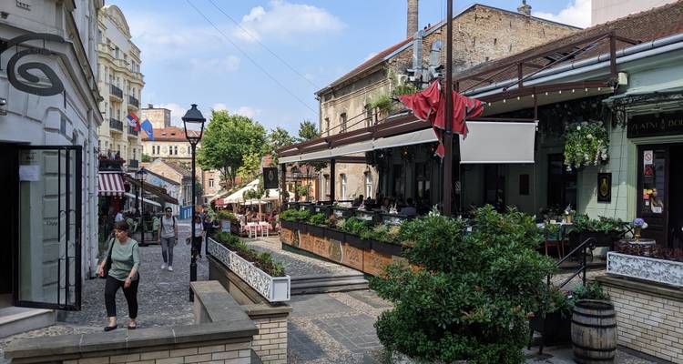 Terraza de restaurante concurrida en el barrio bohemio con gente cenando bajo una pérgola.