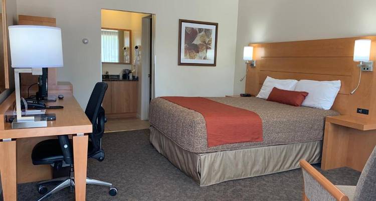 Chambre d'hôtel spacieuse avec espace de travail, mobilier en bois chaleureux et un lit confortable.