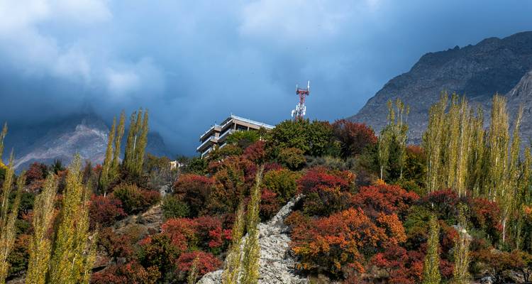 Colina cubierta de follaje otoñal ardiente con un edificio solitario y una torre de telecomunicaciones bajo nubes amenazantes.