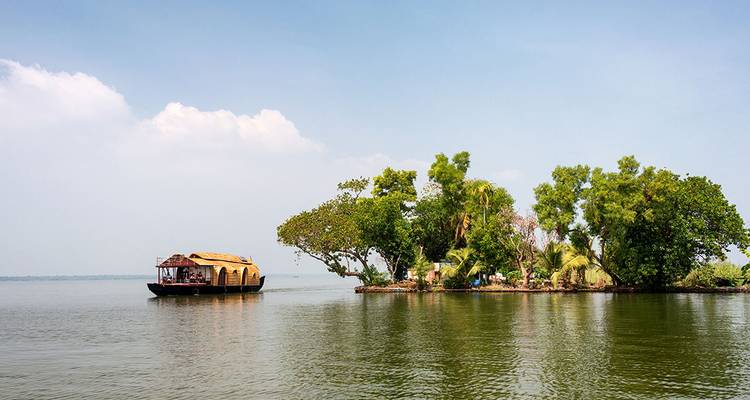 Une traditionnelle péniche du Kerala glisse devant une minuscule île couverte de palmiers sur les eaux calmes des backwaters.