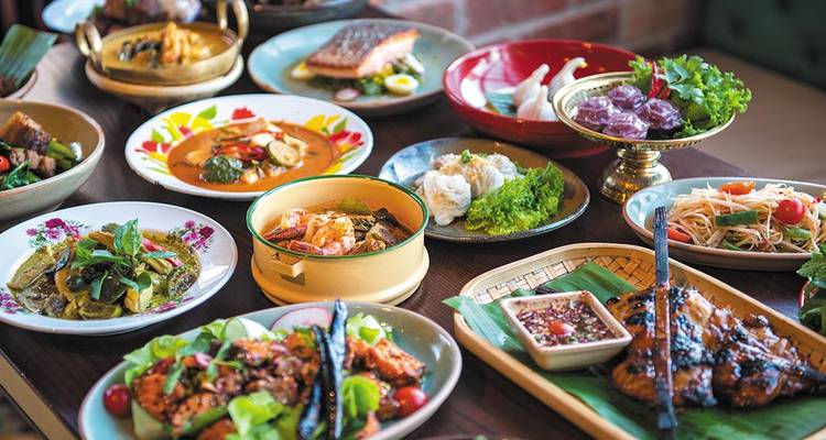 Assortiment coloré de plats d'Asie du Sud-Est, incluant des currys, des viandes grillées et des salades présentés sur une table en bois.