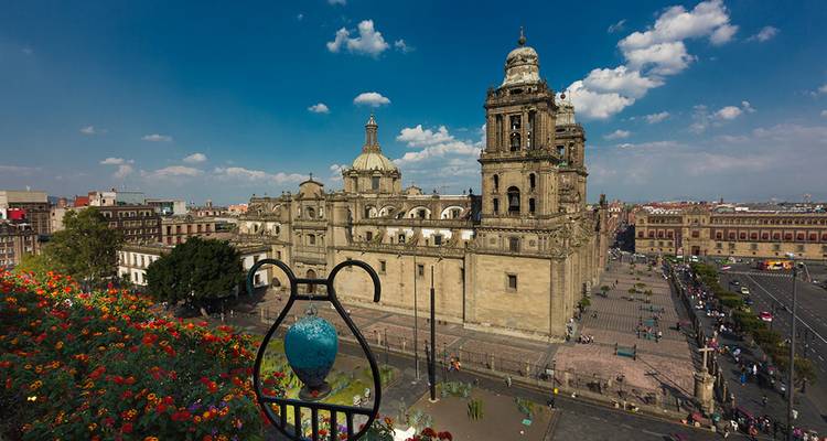 Panoramic rooftop view of Mexico City's Metropolitan Cathedral dominating the historic Zócalo