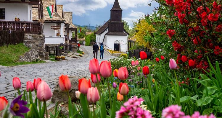 Frühjahrsszene des Dorfes Holloko mit farbenfrohen Tulpen im Vordergrund und traditionellen Holzhäusern.