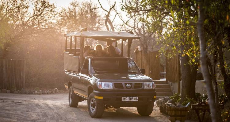 A 4x4 safari vehicle carrying tourists drives along a dusty track in warm evening light, surrounded by bushland.