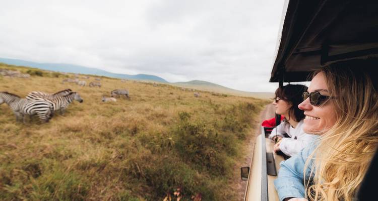Travellers lean out of a safari truck watching zebras graze across vast grasslands.