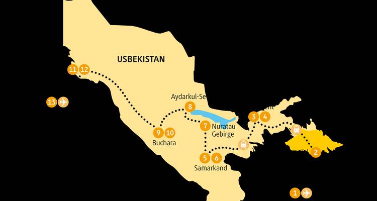 A simplified travel route map of Uzbekistan with dotted lines and numbered stops.