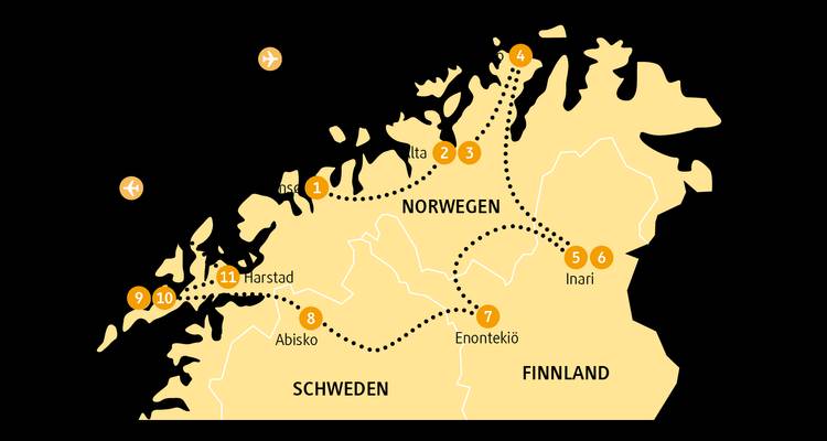 Carte d'itinéraire en jaune et noir illustrant un parcours en Norvège du Nord et en Finlande avec des arrêts numérotés.