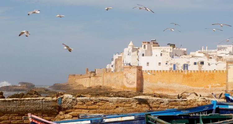 Les mouettes survolent les murs blancs du front de mer d'Essaouira bordant l'Atlantique.