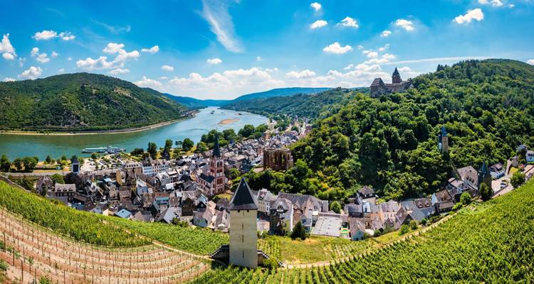Vista panorámica de viñedos, un pueblo junto al río y castillos a lo largo de la Garganta del Rin de Alemania bajo un cielo despejado.