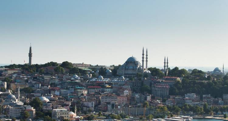 Vista panorámica del horizonte de Estambul con cúpulas y altos minaretes elevándose sobre la ciudad densamente poblada y la zona costera.