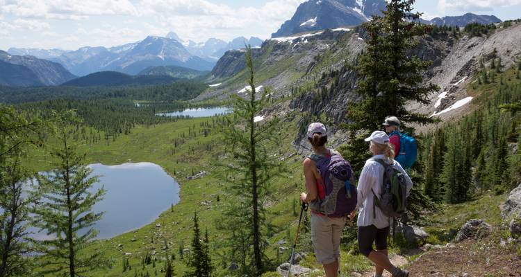 Les voyageurs font une pause sur un affleurement rocheux surplombant une luxuriante vallée alpine parsemée de petits lacs et entourée de pics.