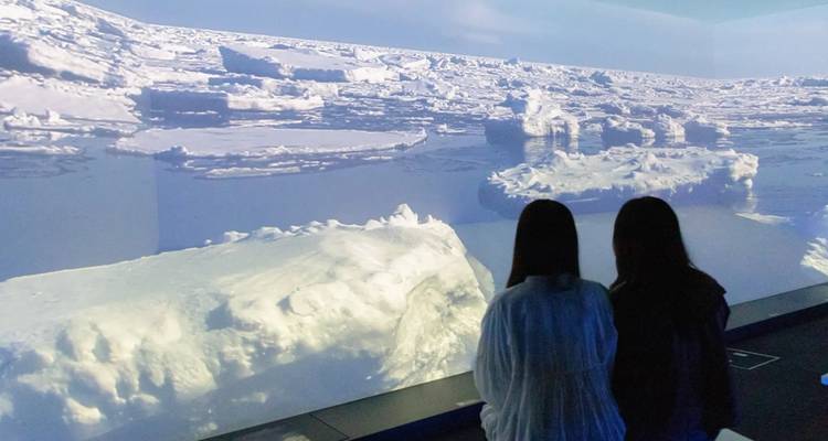 Zwei Besucher beobachten ein großes Panoramavideo von treibendem Meereis in einem interaktiven Museum.