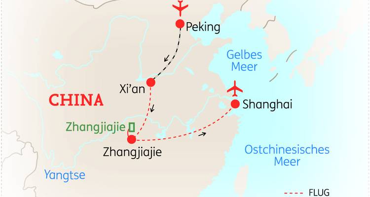 Illustrierte Karte mit Flug- und Reiseroute zwischen Beijing, Xi'an, Zhangjiajie und Shanghai.