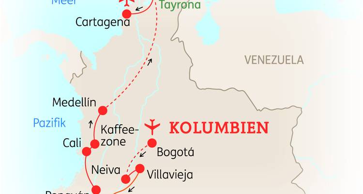 Reisekarte von Kolumbien mit hervorgehobener Route von Cartagena nach Bogota über die Kaffeeregion und die Wüste.