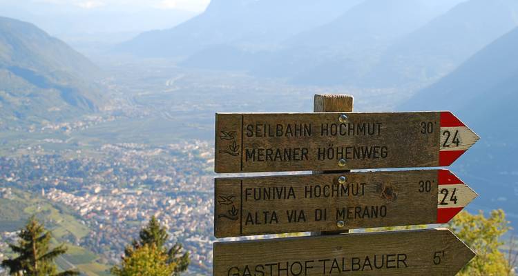 Houten wandelbordjes die wijzen naar Merano-hoogtepaden met een uitgestrekt dalzicht eronder