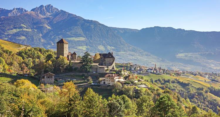Kasteeltje op de heuvel en omliggende wijngaarden met bergen op de achtergrond in gouden licht