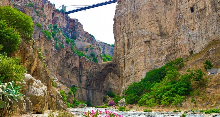 Una garganta tipo Gran Cañón con un puente de piedra elevado bien alto sobre un río tranquilo en Constantine.