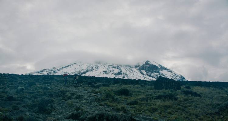 Sneeuwbedekte Kilimanjaro verschuilt zich gedeeltelijk achter lage grijze wolken boven een rotsachtige heide.