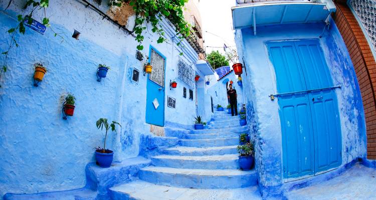 Iconisch blauw geschilderd smal trappenhuis steegje van Chefchaouen versierd met kleurrijke bloempotten.