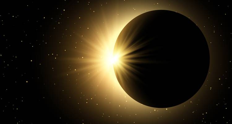 Illustratie van een zonsverduistering met gloeiende corona en sterrenhemel op de achtergrond.