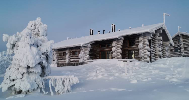 Cabane en rondins traditionnelle ensevelie sous une épaisse couche de neige avec un arbre chargé de givre au premier plan sous une lumière hivernale pâle.