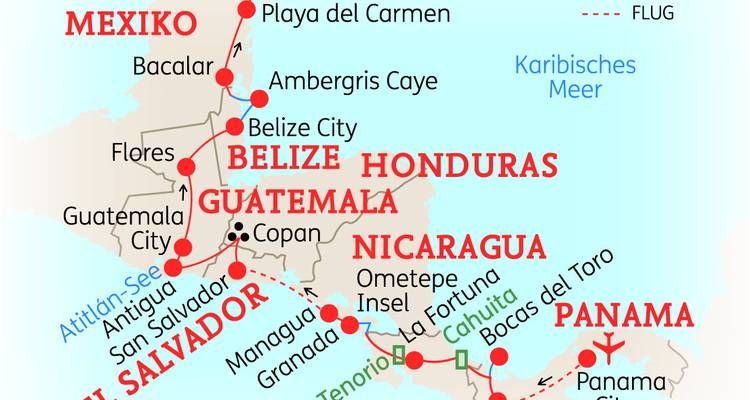 Farbenfrohe Karte mit Reiseroute durch Mexiko, Belize, Guatemala und Zentralamerika.