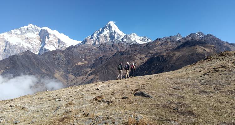 Les randonneurs traversent une prairie alpine aride avec des pics glaciaires imposants au-delà.