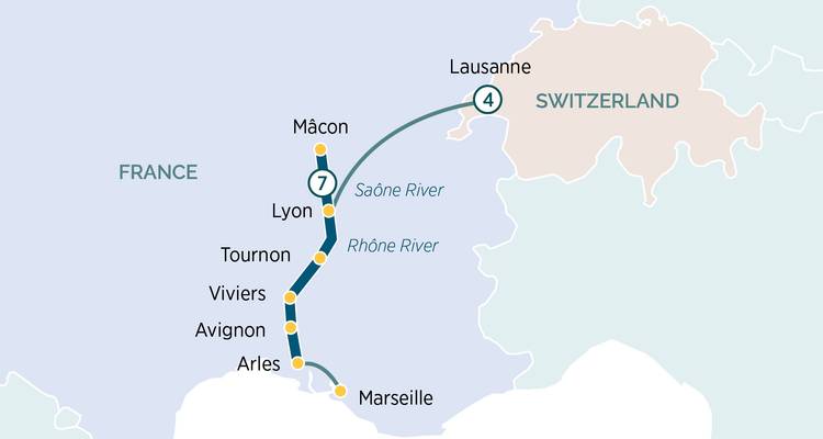 Vereinfachte Karte, die die Kreuzfahrtroute von Lausanne nach Arles über Lyon zeigt.