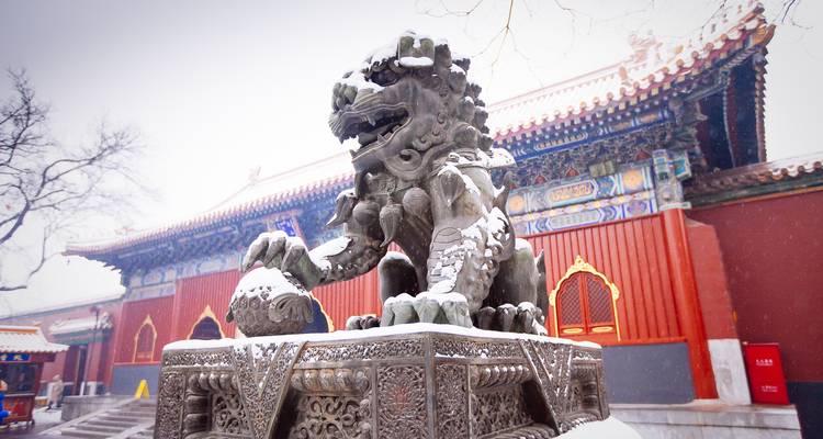 Mit Schnee bedeckte bronzene Wächterlöwen-Statue vor prachtvollen chinesischen Tempelbauwerken.