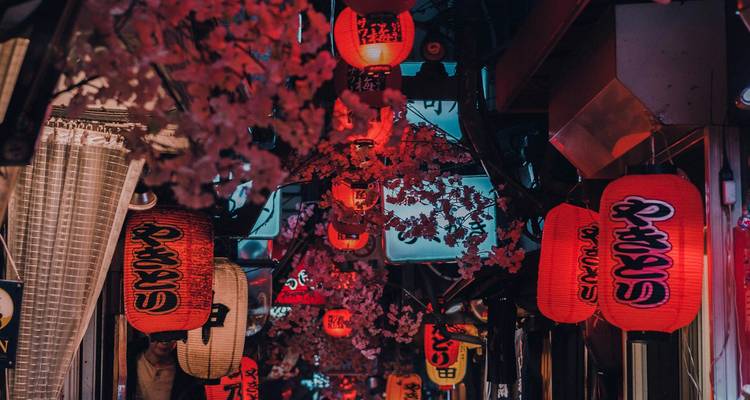 Smalle steeg in Tokio verlicht door rode lantaarns en kersenbloesem-versieringen 's nachts.