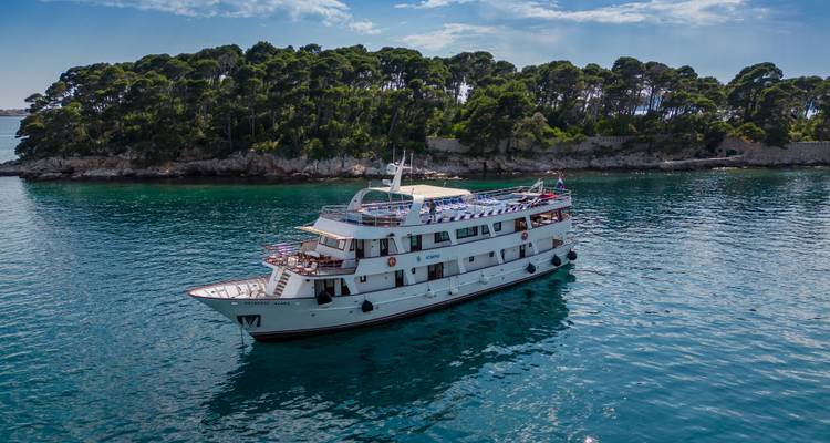 Kreuzfahrtschiff passiert eine üppig grüne Insel in kristallklarem türkisfarbenem Meer.