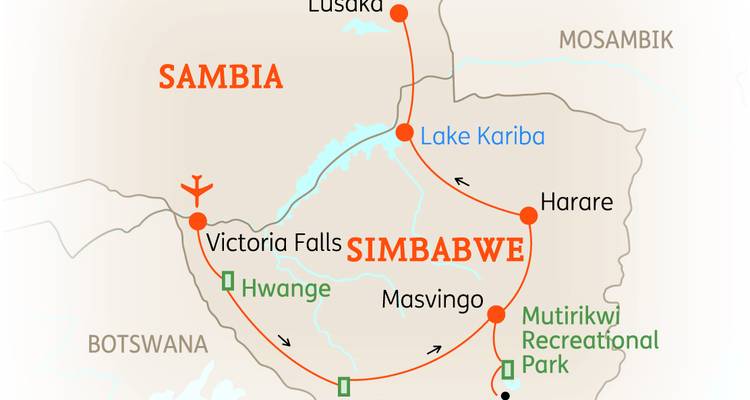 Tour route map of Zimbabwe and Zambia highlighting Victoria Falls and Lake Kariba.