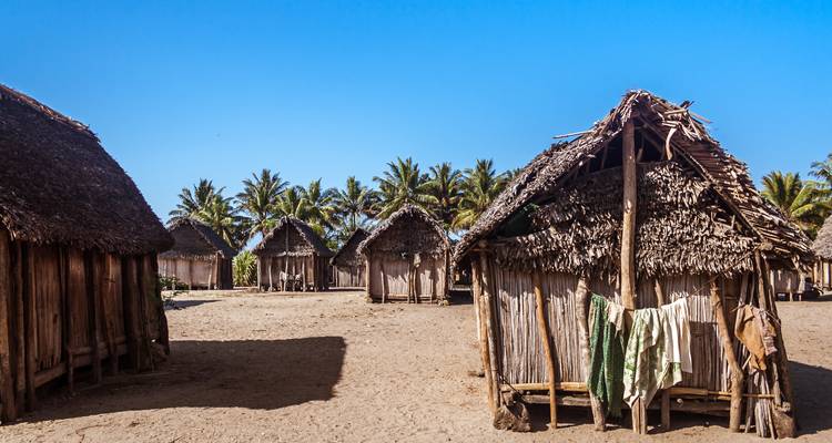Rustic village of palm-thatch huts with sandy ground and palm trees beyond.
