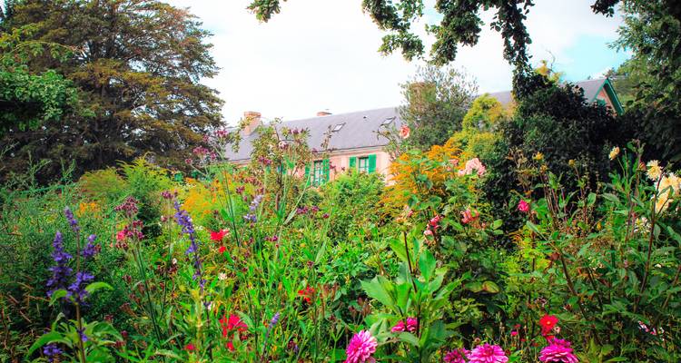 Vibrant flower garden with abundant blooms and green shutters on a country house partially hidden behind foliage.