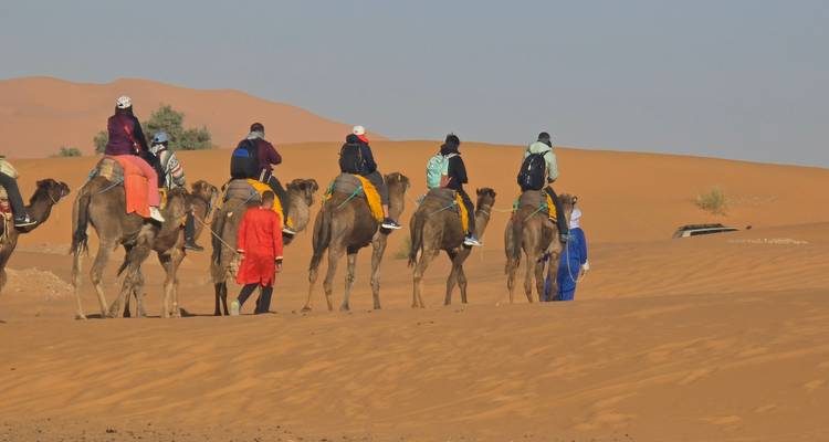 Caravana de turistas montando camellos guiados por guías a través de las dunas naranjas del Sahara bajo un cielo despejado.