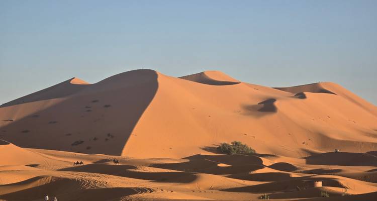 Imponentes dunas de arena naranja bajo un cielo azul despejado en el Desierto del Sahara.
