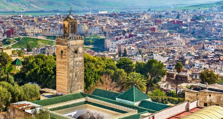 Vista panorámica sobre la medina de Fes con un minarete elevándose sobre los densos tejados de color arena y colinas distantes.