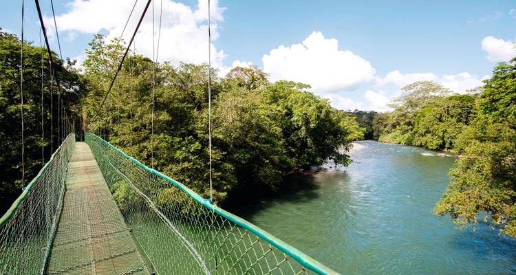 Metal suspension bridge stretches over a turquoise jungle river under a bright blue sky with clouds.