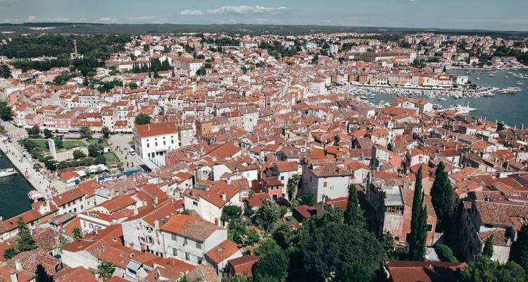 Luftaufnahme der dichten terrakottafarbenen Dächer und des Yachthafens der Halbinsel Rovinj unter klarem Sommerhimmel.