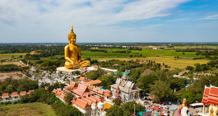 Luftaufnahme einer riesigen goldenen Buddhastatue, die sich über einen Tempelkomplex und Reisfelder erhebt.