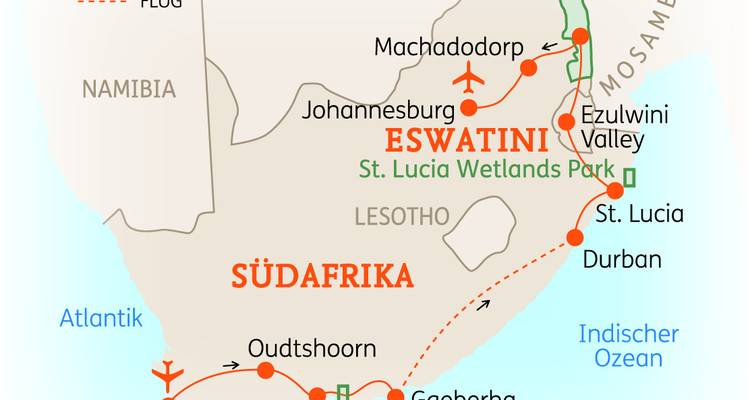 Bunte Karte mit hervorgehobener Reiseroute durch Südafrika und Eswatini mit Symbolen für Flüge und Safarihalte.