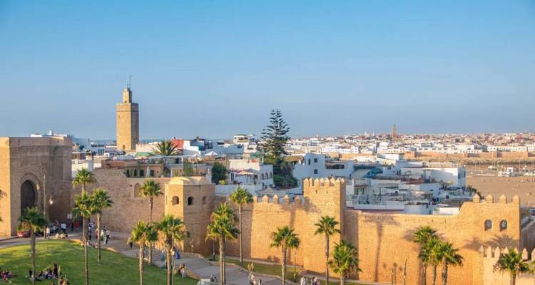 Panoramablick auf historische Befestigungsanlagen, eine von Palmen gesäumte Allee und ein hohes Minarett mit Blick auf eine weitläufige marokkanische Stadt.