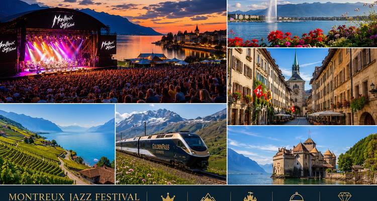 Collage ter promotie van attracties in de Montreux-regio met onder andere een muziekfestivalpodia, het Meer van Genève, wijngaarden, de GoldenPass-trein en Kasteel Chillon met opvallende tekstoverlays.