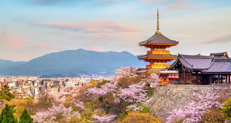 La pagoda de Kiyomizu-dera con vistas a la ciudad de Kyoto enmarcada por flores de cerezo en primavera.