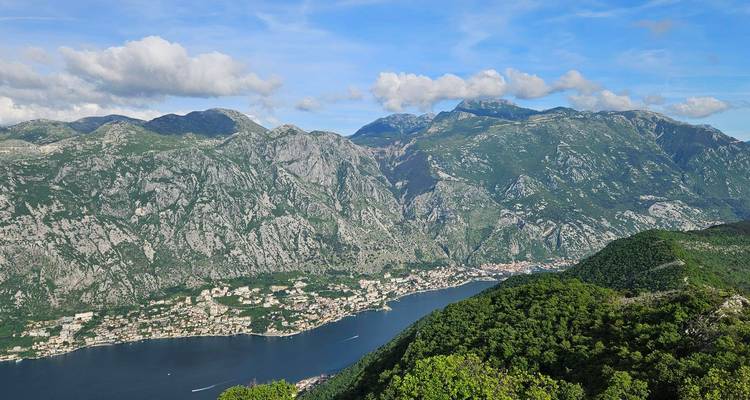 Hoher Aussichtspunkt über die Bucht von Kotor mit smaragdgrünen Bergen, die einen tiefblauen Fjord und die Stadt darunter rahmen