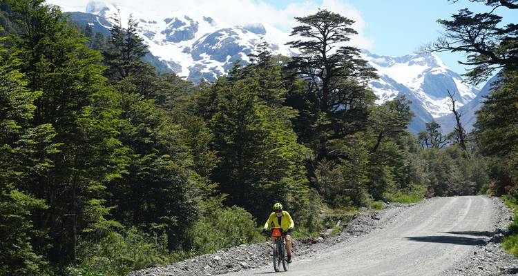 Cyclist on rough mountain track with snow-capped peaks and dense forest on sunny day