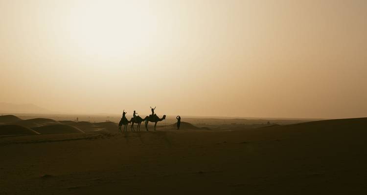 Silhouetted camels and riders crest a dune against a hazy setting sun in the Sahara.