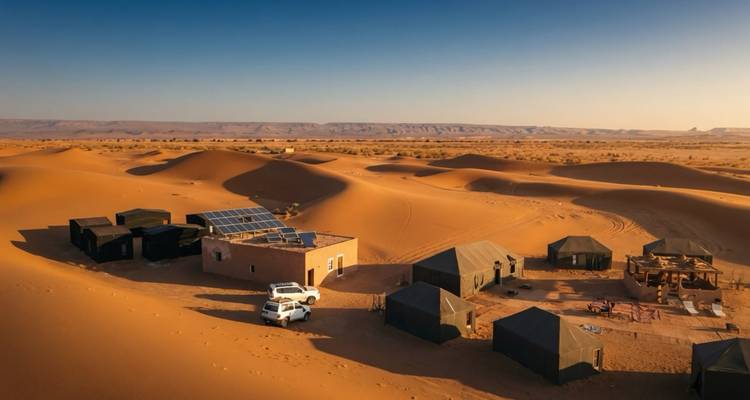 Vista panorámica aérea de un campamento eco desértico con paneles solares dispersos entre dunas doradas bajo la suave luz matutina.